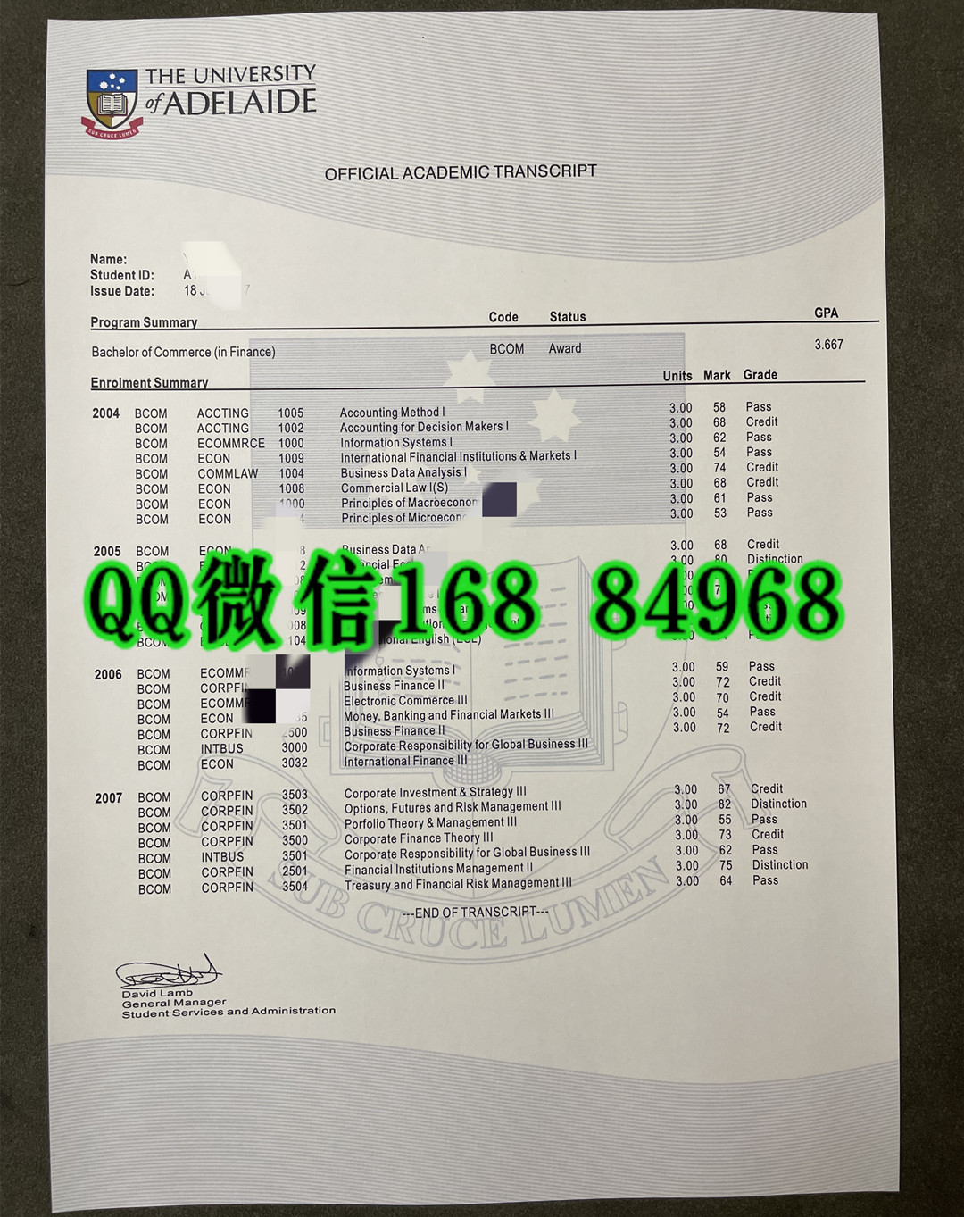旧版本2007年澳洲阿德莱德大学成绩单，Adelaide University transcript