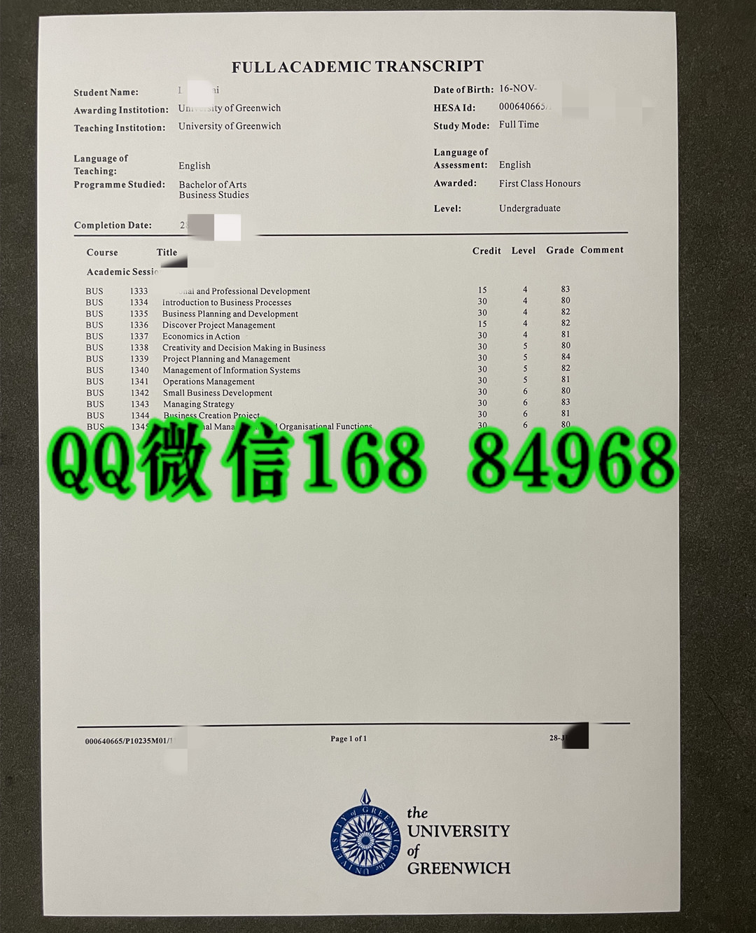 英国格林威治大学成绩单University of Greenwich Transcript