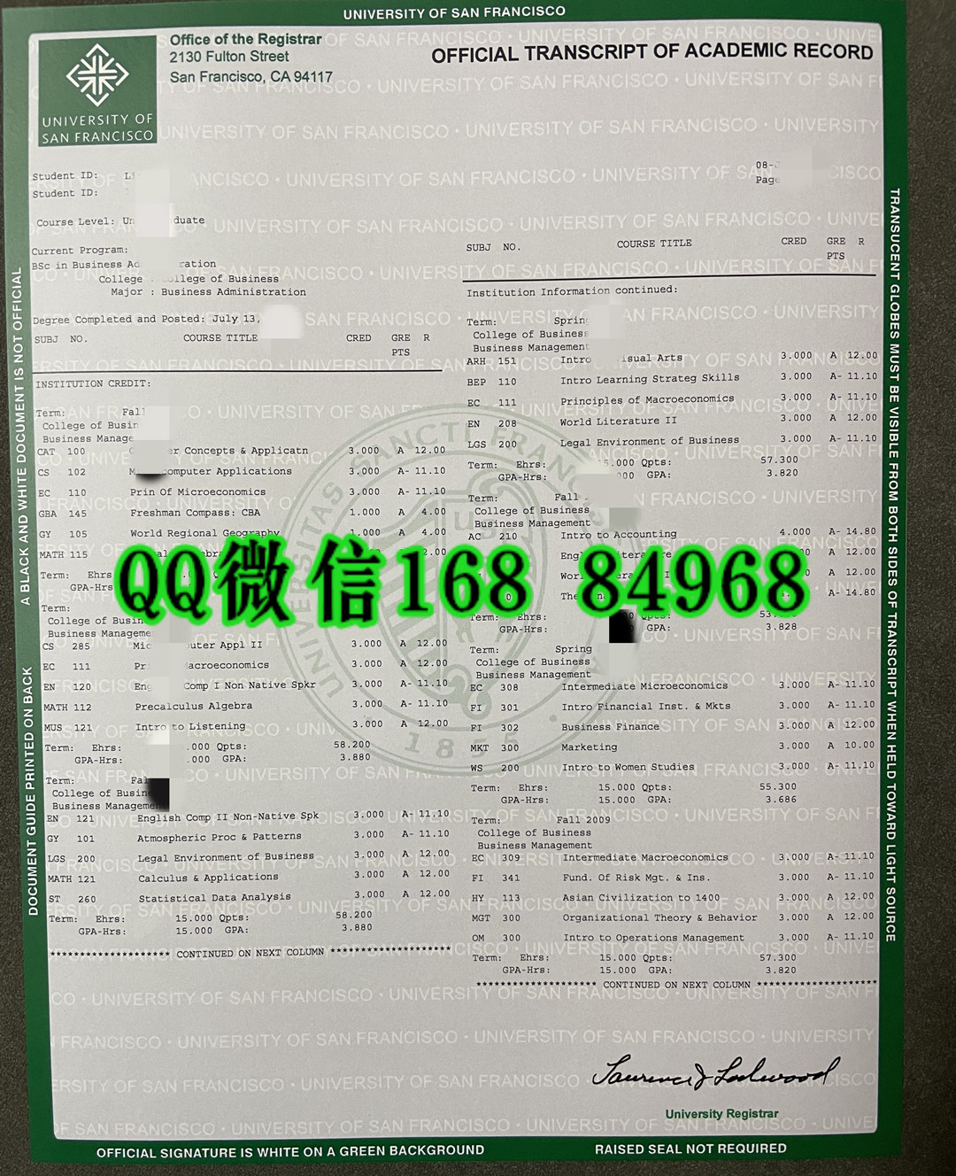 美国旧金山大学成绩单印刷，university of san francisco transcript