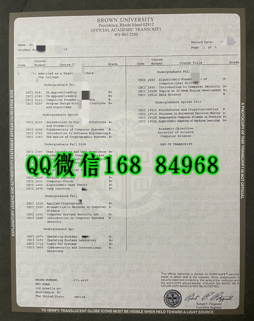 美国布朗大学成绩单，brown university transcript