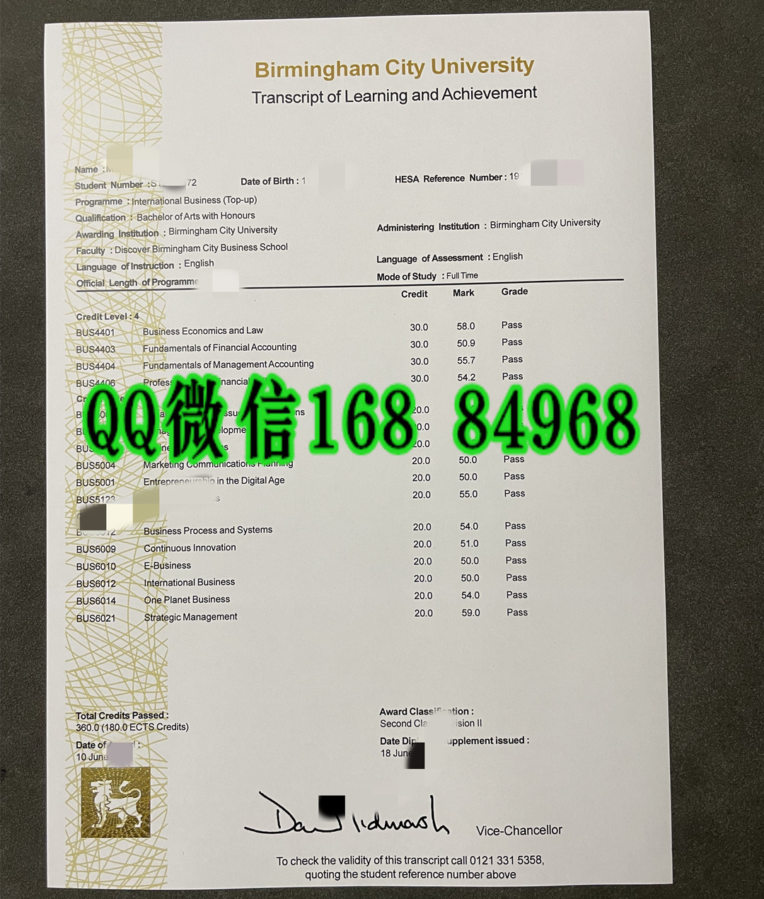 伯明翰城市大学本科国际商务成绩单，Birmingham City University transcript BA in International Busin