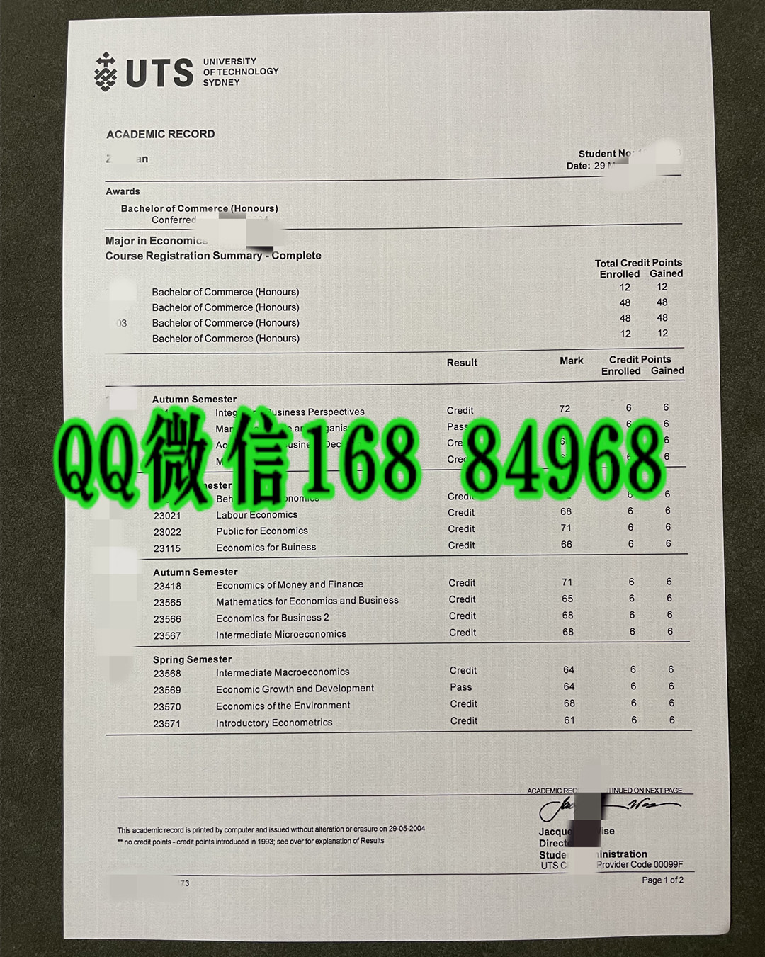 悉尼科技大学经济专业商学学士成绩单，University of Technology Sydney BCom transcript