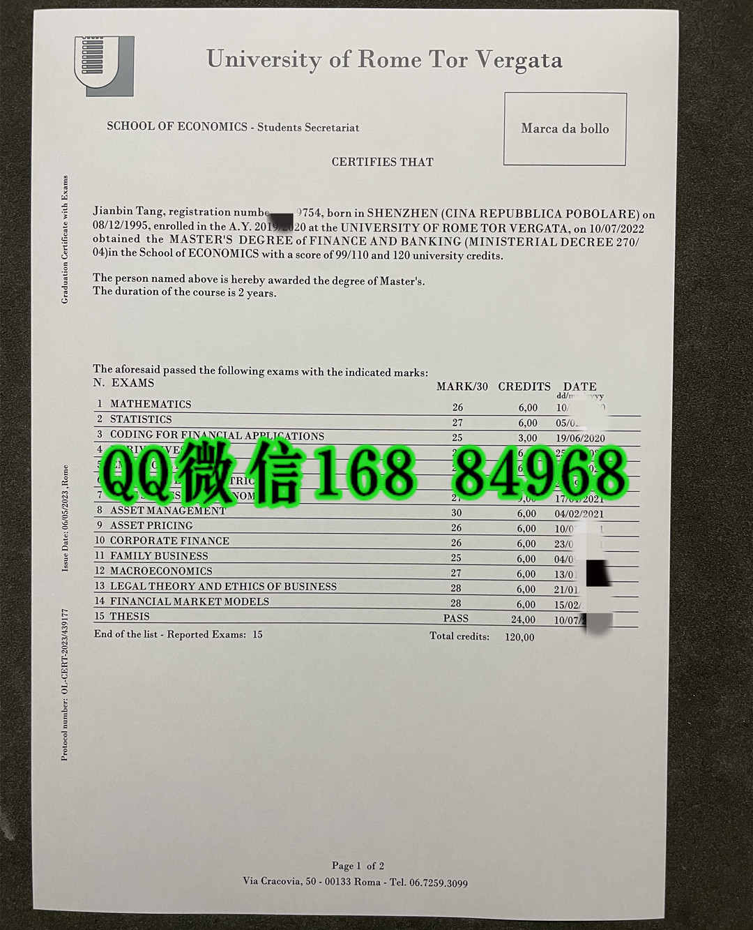 罗马第二大学成绩单，University of Rome Tor Vergata transcript
