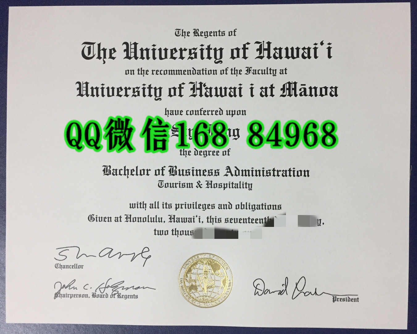 美国夏威夷大学马诺阿分校毕业证成绩单留信网认证，University of Hawaii at Manoa diploma certificate
