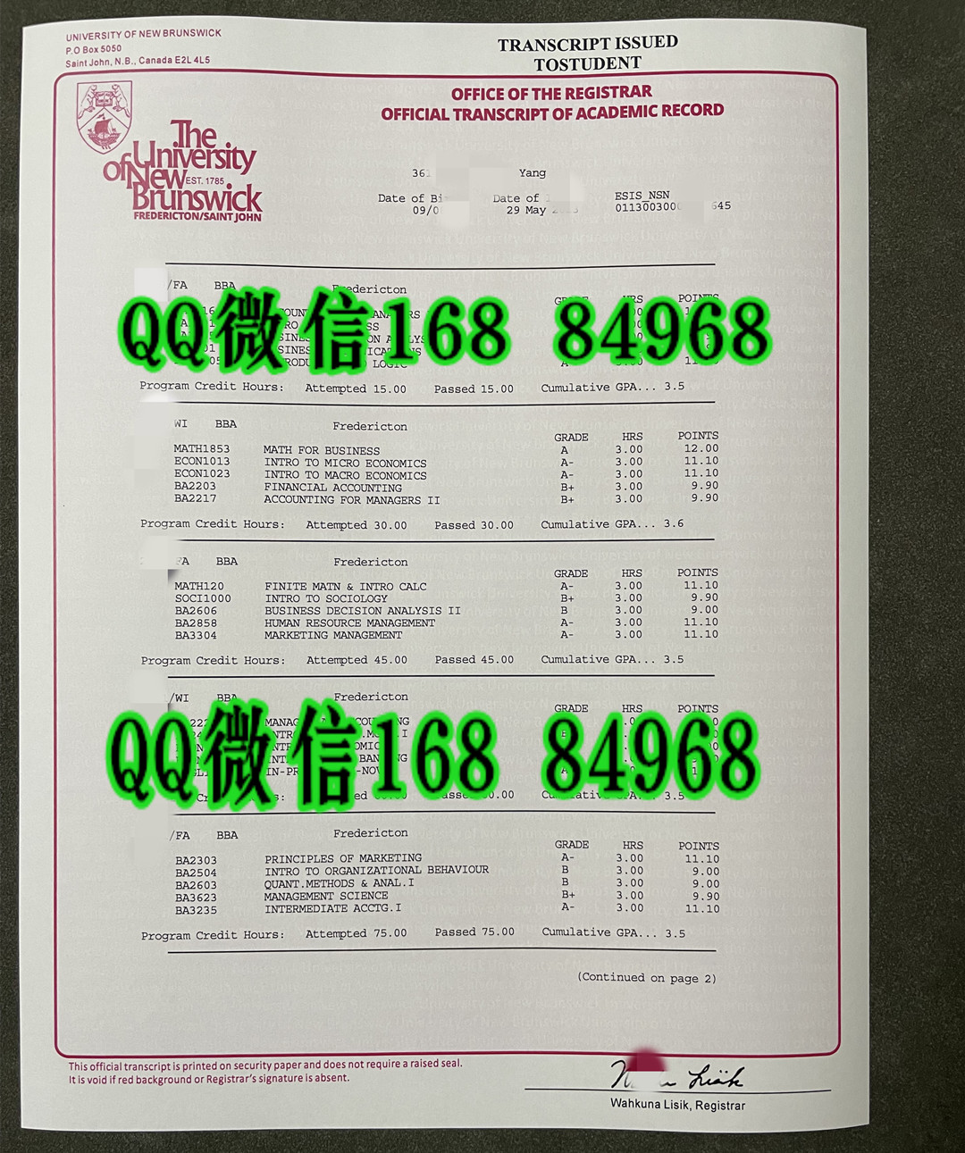 加拿大纽布伦斯威克大学成绩单，University of New Brunswick transcript