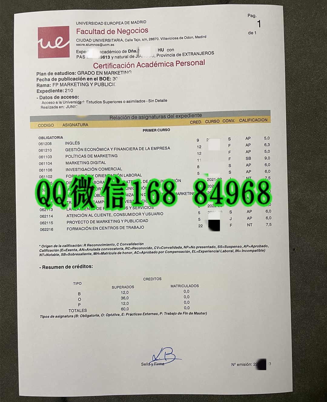 马德里欧洲大学成绩单，Universidad Europea MADRID transcript