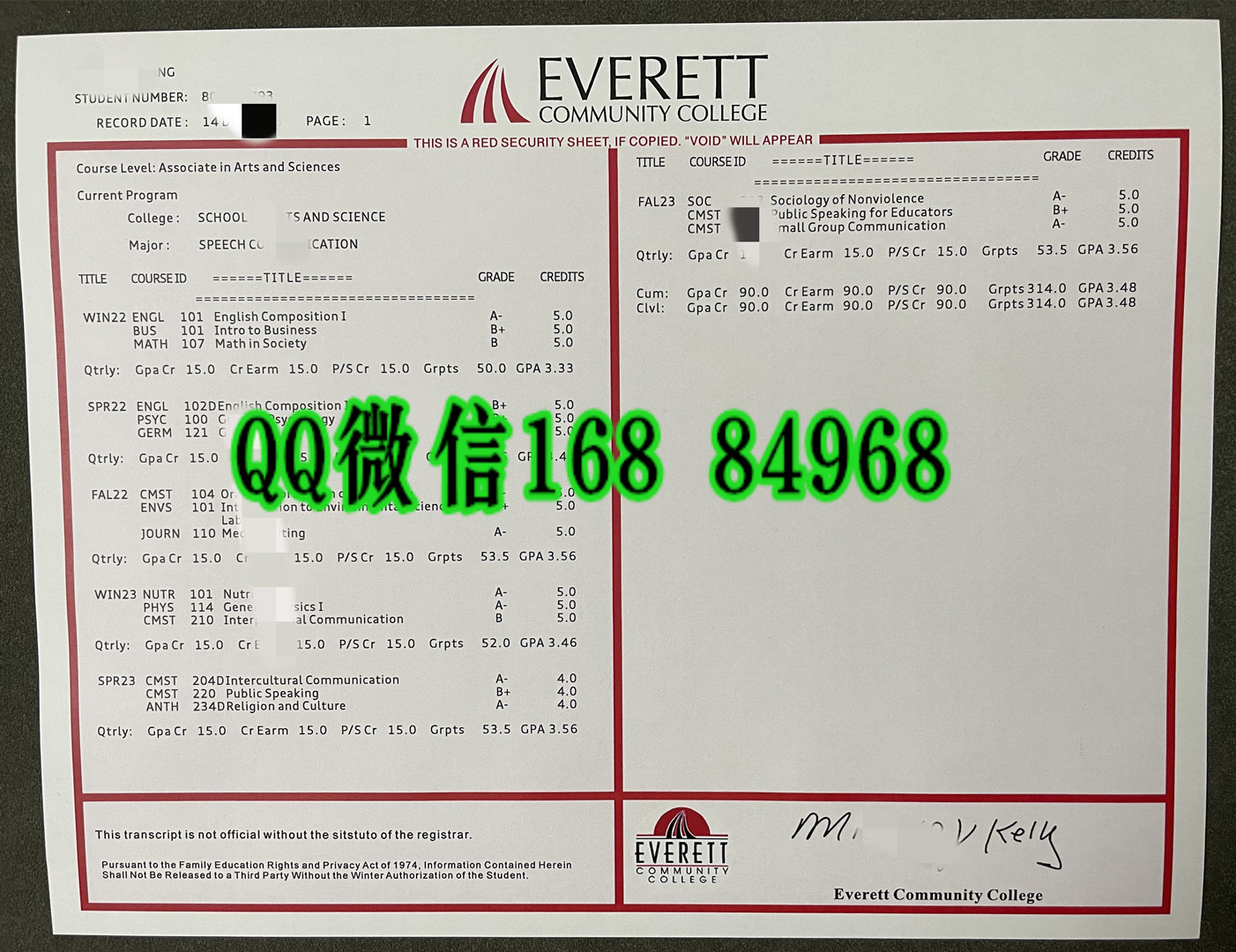 美国埃弗里特社区学院成绩单，Everett Community College transcript