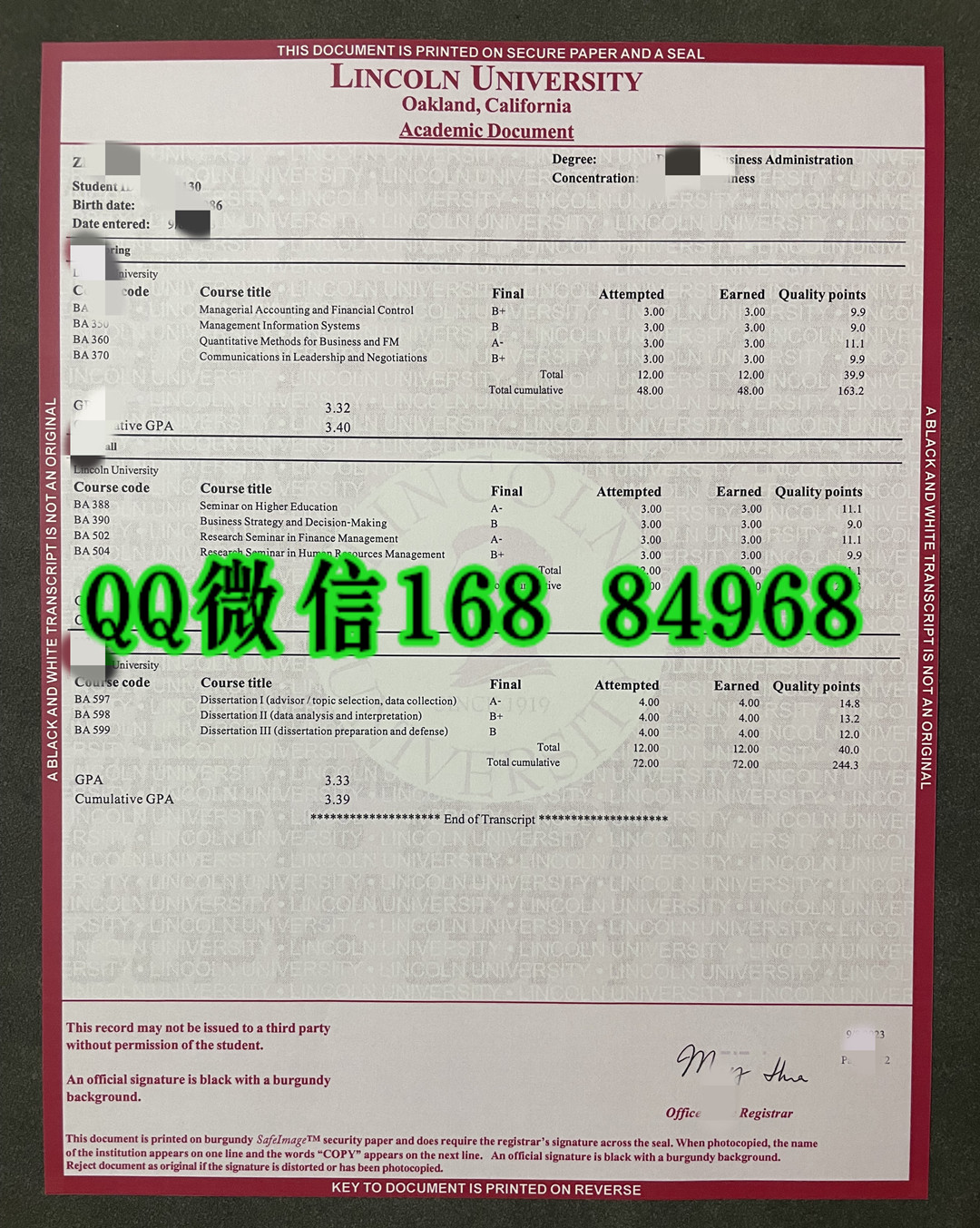 美国林肯大学Lincoln University成绩单，Lincoln University transcript