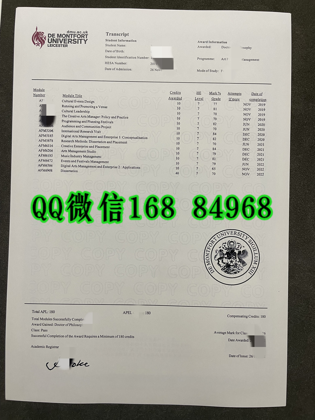定制英国德蒙福特大学De Montfort University成绩单，De Montfort University transcript