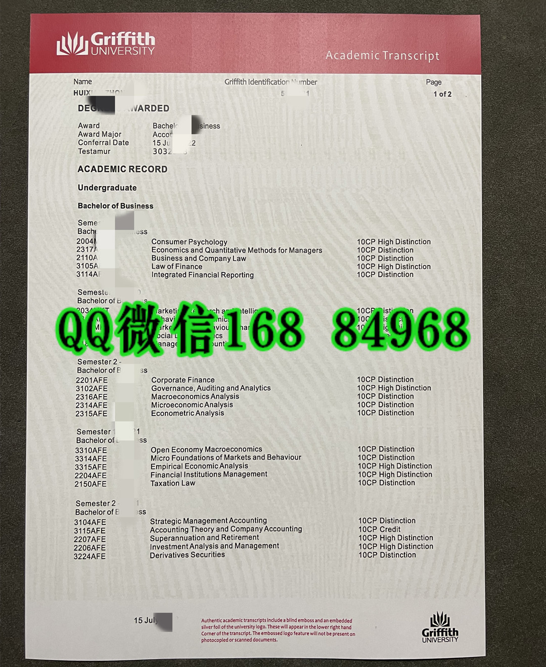 澳洲格里菲斯大学成绩单，Griffith University transcript