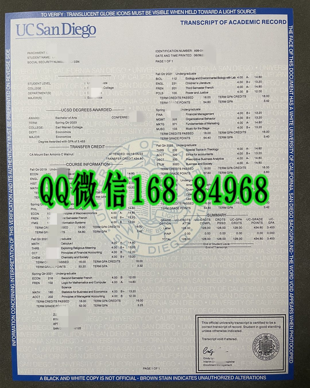 加利福尼亚大学圣迭戈分校uc san diego成绩单，美国大学成绩单GPA修改
