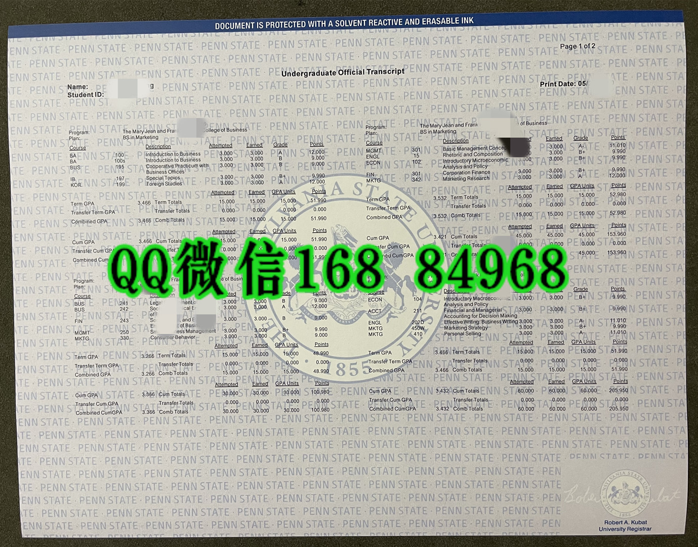 美国宾夕法尼亚州立大学成绩单，The Pennsylvania State University transcript