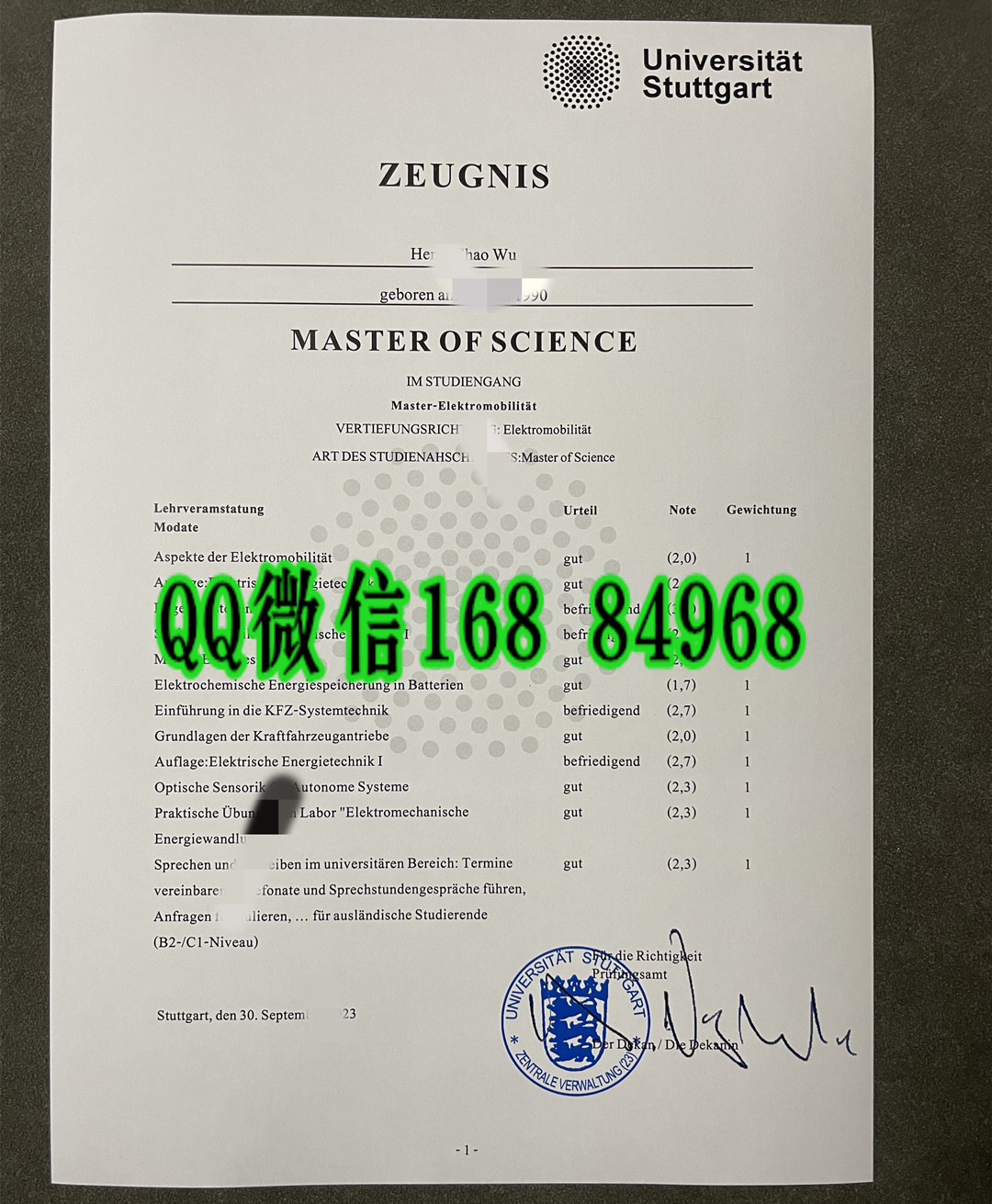 德国斯图加特大学硕士成绩单，University of Stuttgart transcript