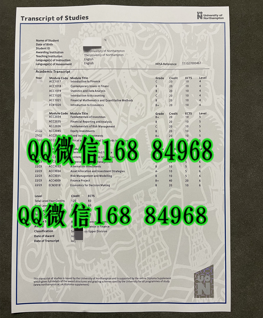 定制英国北安普顿大学成绩单，The University of Northampton transcript