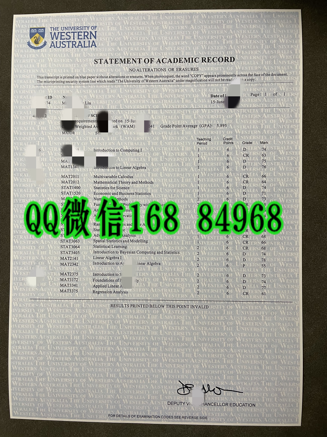 澳大利亚西澳大学成绩单，University of Western Australia transcript