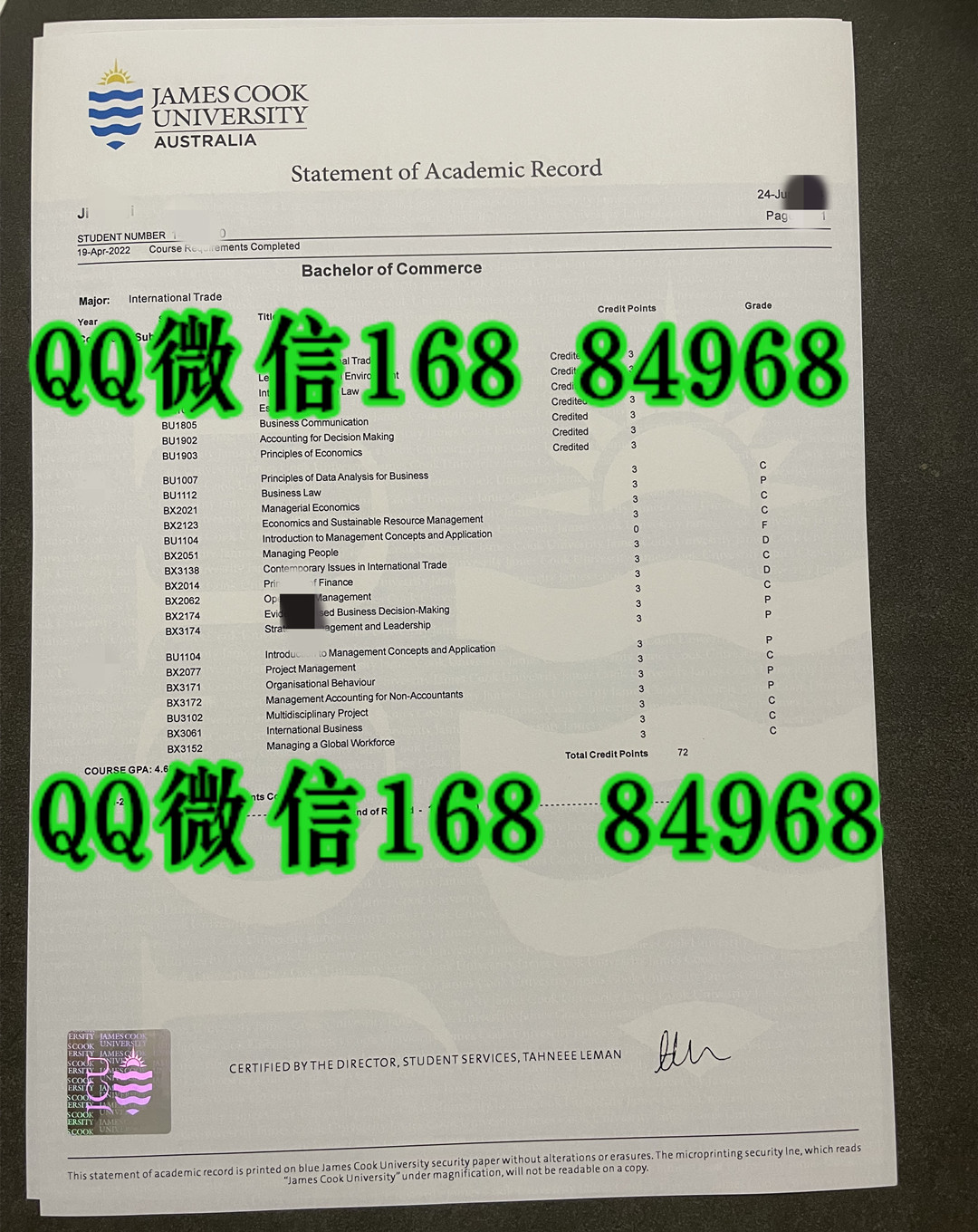 澳大利亚詹姆斯·库克大学成绩单,澳洲JCU大学成绩单James Cook University transcript