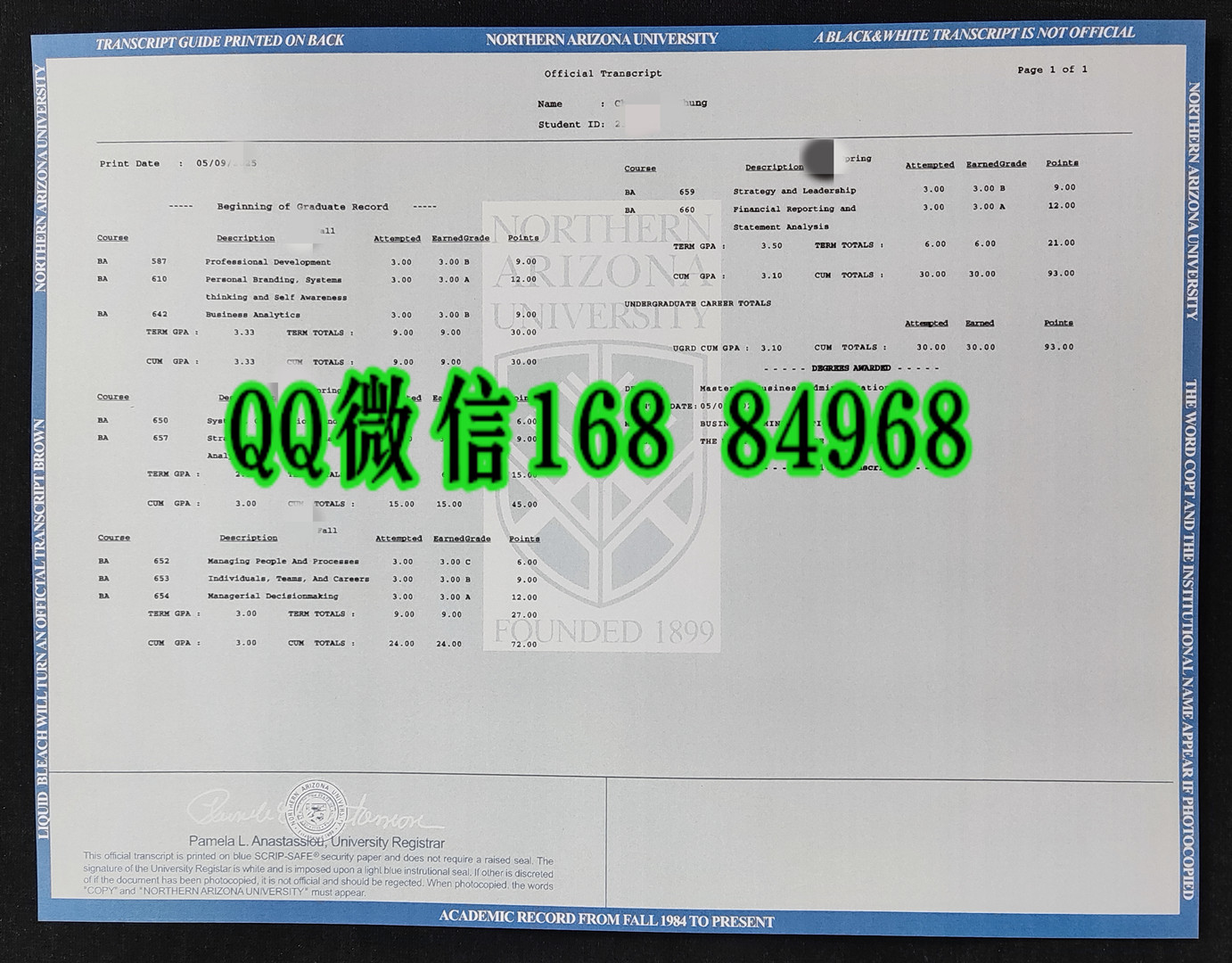美国北亚利桑那大学成绩单，Northern Arizona University transcript