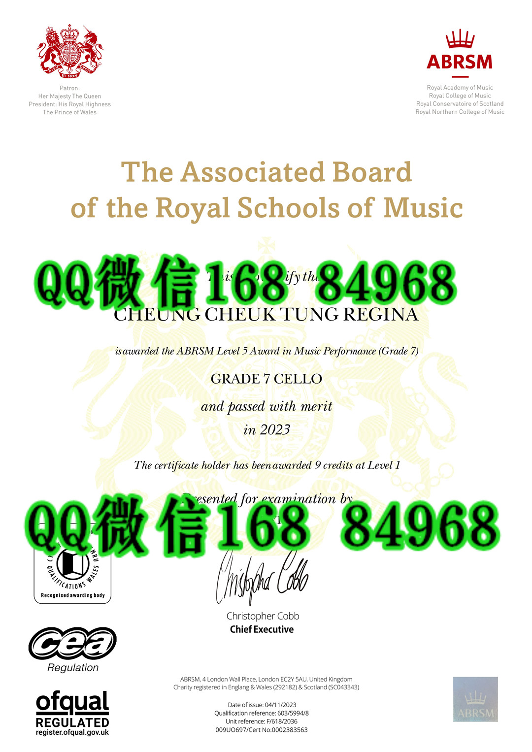 英皇ABSM证书大提琴证书，英皇大提琴 7 级演奏证书