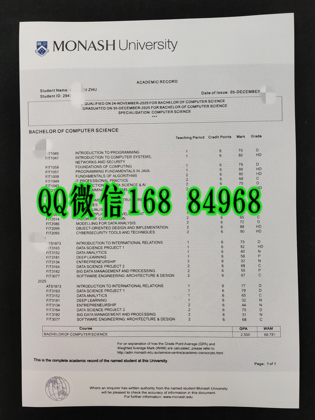 澳洲莫纳什大学成绩单印刷，Monash University transcript