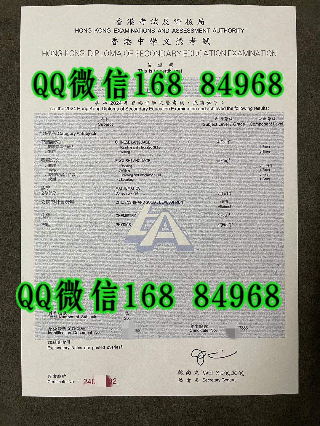 2024 年香港中学文凭考试（HKDSE）成绩单