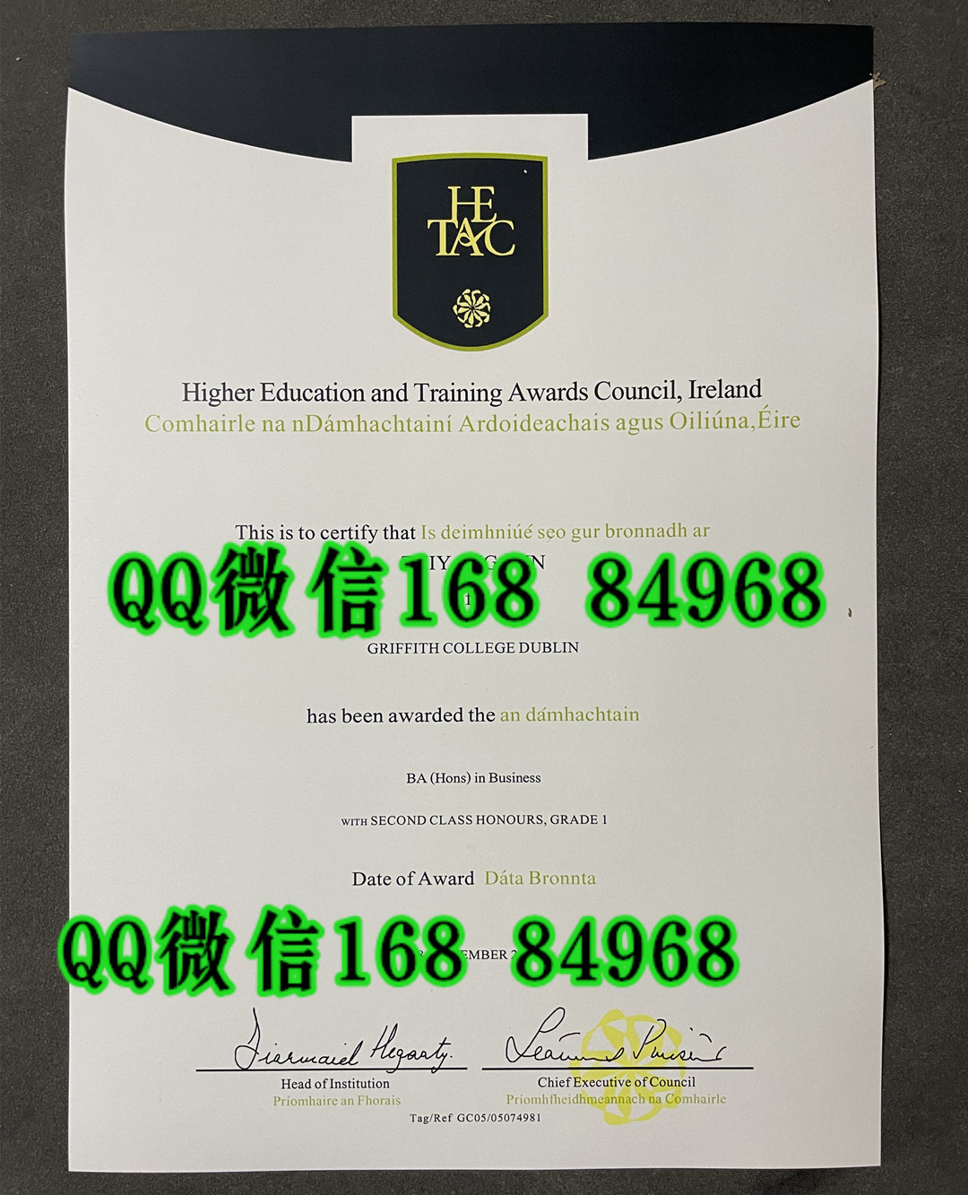 爱尔兰格里菲斯大学毕业证学位证，爱尔兰格里菲斯大学文凭样本